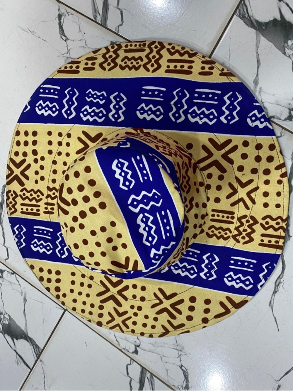K-K Vogues African Print Bucket Hat – Wax Style – Fedora Hat in Yellow and Navy - Picture 3 of 7